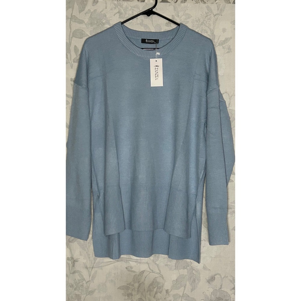 ZANZEA Women's Light Blue Crew Neck Long Sleeve Sweater Tunic
